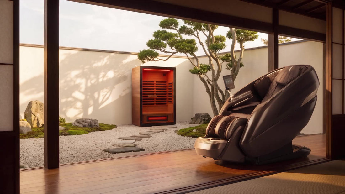 A Relaxe massage chair on a wood floor, looking out at a Japanese courtyard with the Caldera sauna glowing by the wall